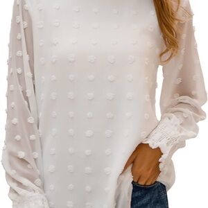 White Swiss Dot Long Sleeve Women's Top